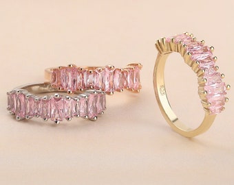 Birthstone Pink Stone Baguette Half Eternity Rings * Dainty Rose Gold Filled Bands * Best Friend Gift * Birthday Presents For Mom Women Wife