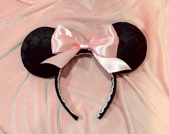 Pink Ribbon Ears, Coquette Minnie ears, pink bow ears, pink minnie ears, pink mouse ears