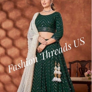 Classy bottle green lehenga-choli (skirt and crop-top) set, aged 5-16 yrs old. Holiday Outfit. Indian ethnic party-wear/festive-wear dress.