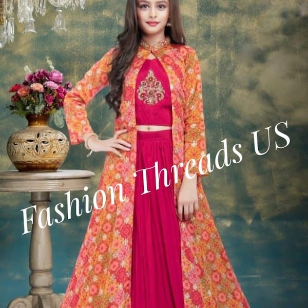 Beautiful red color lehenga-choli set with koti (crop-top, skirt & jacket). Holiday Outfit. Indian ethnic party-wear/festive-wear dress.