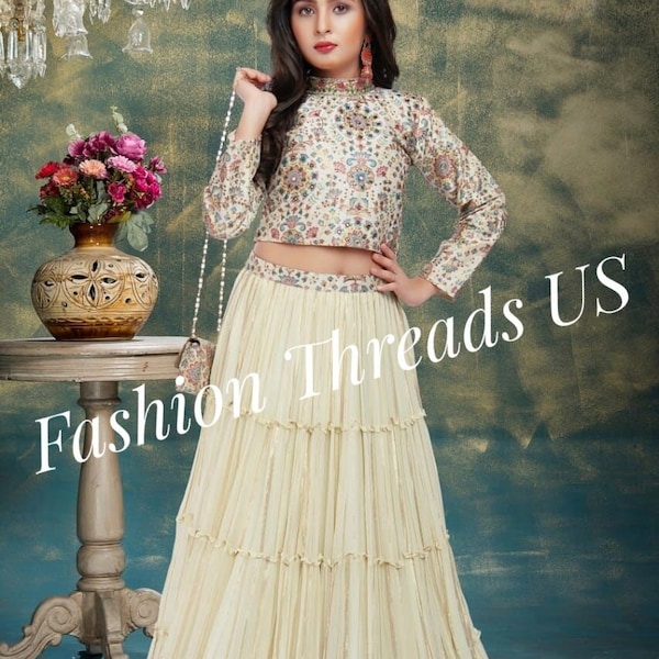 Elegant off-white color lehenga-choli set with koti (crop-top, skirt & jacket). Holiday Outfit. Indian ethnic party-wear/festive-wear dress.