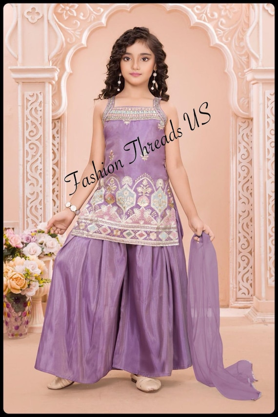 Palazzo Party Wear Dress Purple Girls Flare Palazzo Set, With Long Top And  Pink Festive Indian Ethnic Party-Wear/Evening-Wear