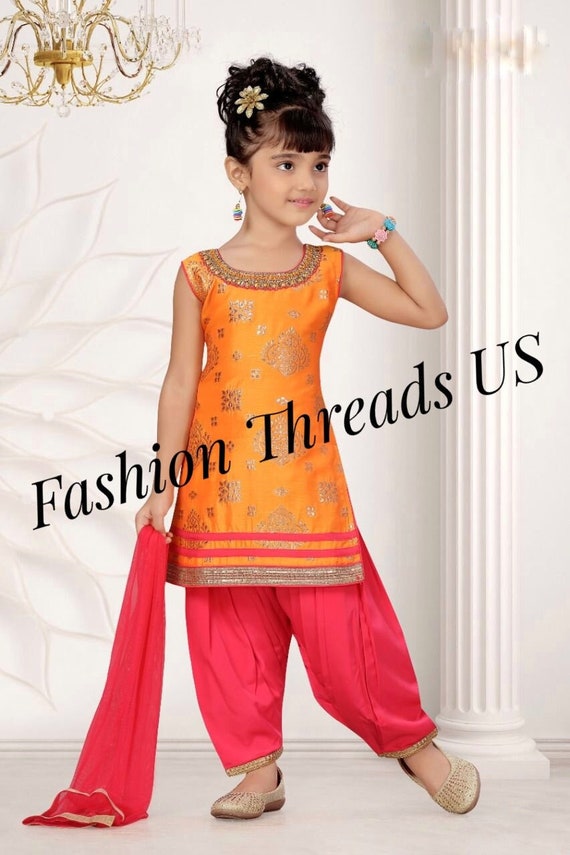 Yellow,Silver Party Wear Kids Patiala Salwar Suit, Size: Large at Rs  390/set in New Delhi