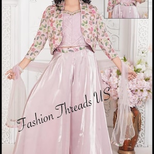 Pink Flare Palazzo set with short jacket (flare pants,  top, jacket, stoll ). Embroidery and Sequin design. Indian ethnic party-wear dress.