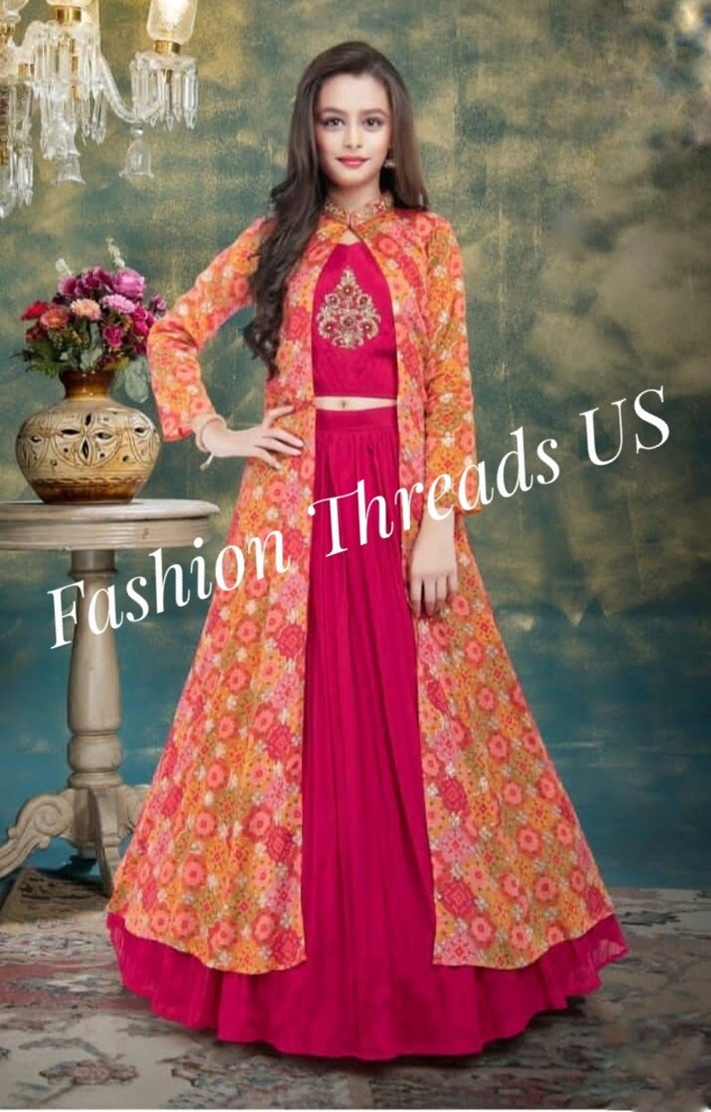 Beautiful red color lehenga-choli set with koti crop-top, skirt & jacket. Holiday Outfit. Indian ethnic party-wear/festive-wear dress. image 1