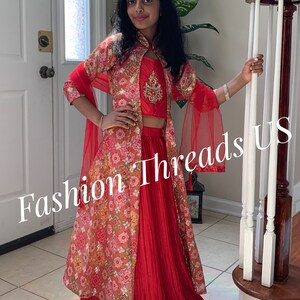 Beautiful red color lehenga-choli set with koti crop-top, skirt & jacket. Holiday Outfit. Indian ethnic party-wear/festive-wear dress. image 2