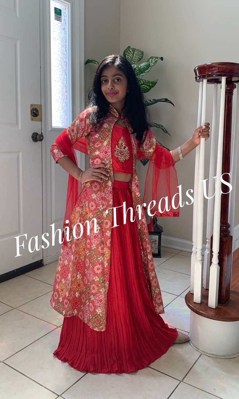 Beautiful red color lehenga-choli set with koti crop-top, skirt & jacket. Holiday Outfit. Indian ethnic party-wear/festive-wear dress. image 2