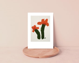 Painted orange flowers greeting card instant download with blank interior. Abstract, playful flowers.