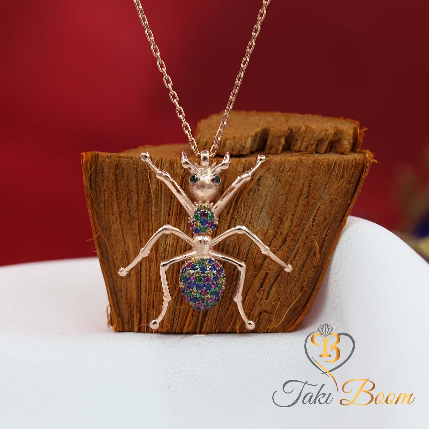 ant motif design necklace　y2k archive　蟻 Mixed Stone Ant Necklace – Sterling Silver Bug Pendant With