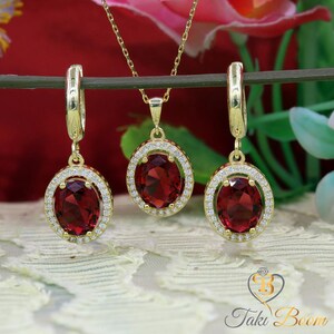 Roter Stein Halskette und Ohrring Set, Rubin Oval Halskette und Ohrring Set, Klassische Silber Oval Halskette und Ohrringe