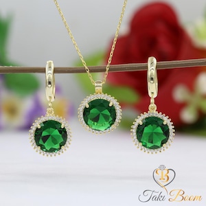 Emerald Green Bridal Jewelry Set, Sterling Silver Earrings and Necklace, Sparkling White Zircon, Wedding Jewelry Gift for Her, Handmade Sets