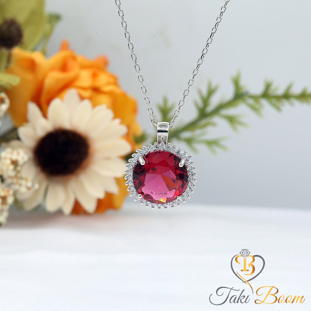 Ruby Stone Round Women's Necklace, Red Stone Necklace for