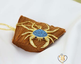 Blue Crab Necklace, Silver Sea-Themed Jewelry