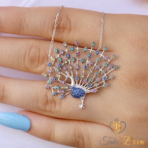 Peacock Necklace, Peacock Jewelry, Peafowl Pendant, Zircon Stone, Color 925 Sterling Silver14K Gold Plated