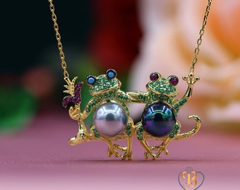 Green Frog Necklace, Frogs in Love, Frog Prince, Cute Frogs, Zircon Stone Frog, 14 Carat Gold Plated