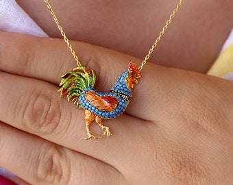 Rooster Necklace, Rooster Jewelrys, Cockerel Silver Pendant, 14K Gold Plated