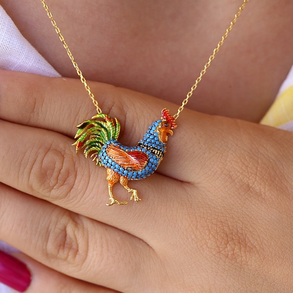 Rooster Necklace, Rooster Jewelrys, Cockerel Silver Pendant, 14K Gold Plated