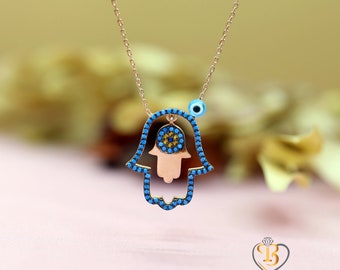 Collar de Hamsa, collar de mano de Fátima de plata, collar de cuentas de mal de ojo, collar de protección, collar de amuleto, regalo para madre y futura madre