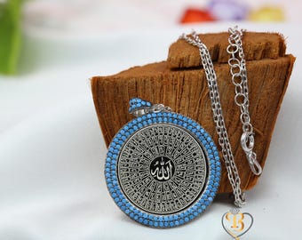 Collar con los 99 Nombres de Alá Esmaül Hüsna, piedra turquesa, plata de ley 925, chapado en oro de 14 quilates.