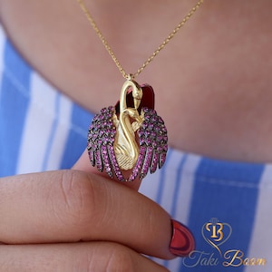 Zwaanketting, zwanensieraden, gouden zwaanketting, vogelketting, dierenketting, rode robijnsteen, 925 sterlingzilver, 14K verguld