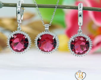 Conjunto de joyas con piedras preciosas rojas, collar y pendientes de plata de ley, estilo halo.