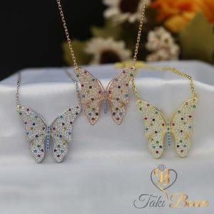 White Silver Butterfly Necklace, Colorful Butterfly Pendant, Wedding Jewelry, Gift for Butterfly Lovers, Elegant Gemstone Butterfly Necklace