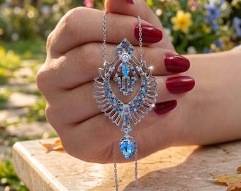 Collar Hamsa, Collar Mano de Fátima de Plata, Collar Ojo Turco, Collar de Protección, Collar Amuleto, Regalo para el esposo, Regalo para la futura mamá