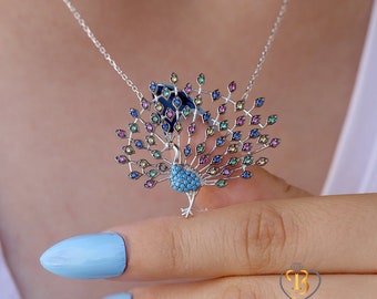 Turquoise Stone Peacock Silver Necklace, Bohemian Peacock Necklace