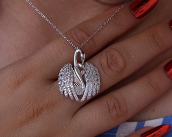 Swan Necklace . Bird Necklace . Animal Necklace . White Zircon Stone . 925 Sterling Silver
