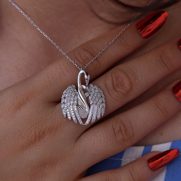 Swan Necklace, Bird Necklace, Animal Necklace, White Zircon Stone, 925 Sterling Silver