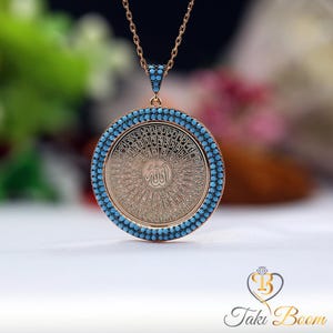 99 Names of Allah Esmaül Hüsna Necklace Turquoise Stone 925 Sterling Silver Women&#39;s Necklace14K Gold Plated