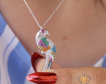 Silver Parrot Necklace with Colorful Stones, Tropical Jewelry