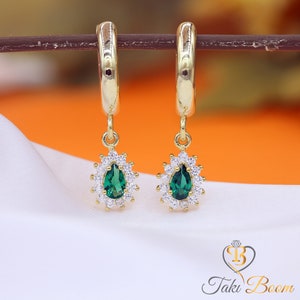 Gift Elegant Pear Emerald Earrings, Green Emerald Earrings, Jewelry Earrings For Women