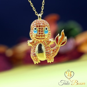 Collier en argent Pokemon Salamèche, cadeaux Pokemon, cadeau de Noël, plaqué or 14 carats