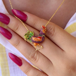Rooster Necklace, Rooster Jewelrys, Cockerel Silver Pendant, 14K Gold Plated