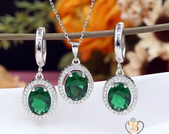 Conjunto de joyas de piedra verde, pendientes clásicos de esmeralda, collar y pendientes de plata para mujer.