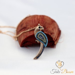 Parrot Silver Necklace, Parrot Jewelry, Bird Necklace, Bird Lover Gift, Animal Necklace, Tropical Bird, Zircon Stone Parrot14K Gold Plated