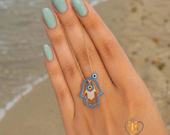 Hamsa Necklace, Silver Fatima Hand Necklace, Evil Eye Bead Necklace, Protection Necklace, Amulet Necklace, Mother and Mother-to-be Gift