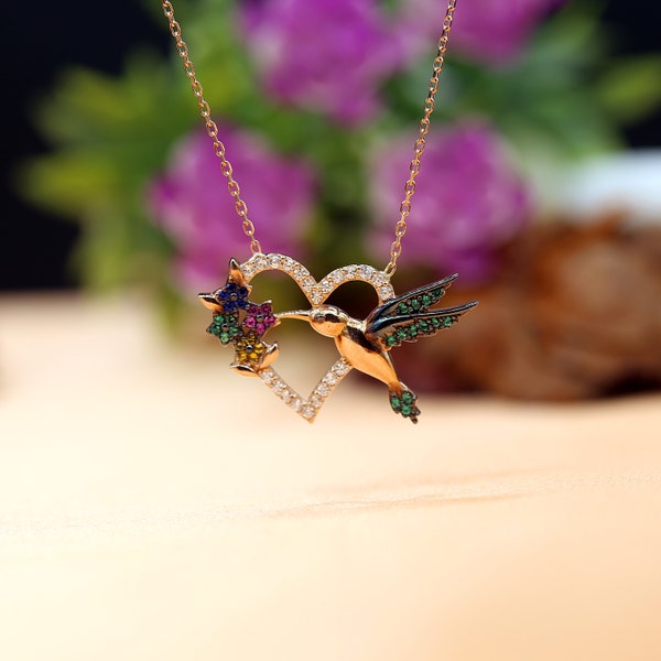 Collier Oiseau Abeille, Collier Colibri, Pierre Zircon Coloré Argent Sterling 925 Plaqué Or 14K