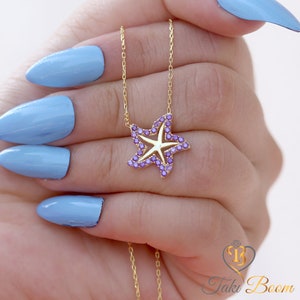 Sea Star Necklace, Starfish Necklace, Starfish Jewelrys,  Amethyst Stone, 925 Sterling Silver Pendant 14K Gold Plated