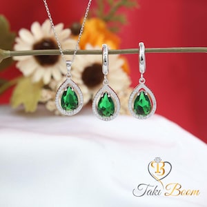 Emerald Green Drop Necklace and Earring Set, 925 Sterling Silver, Surrounded by White Zircon Stones, Elegant Jewelry, Great Gift for Women