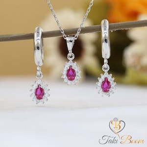 Ruby Necklace Ruby Earrings Set Red Ruby Pear Necklace Hoop Earrings Set Ruby Gift For Her Gold Pear Ruby Necklace Earrings