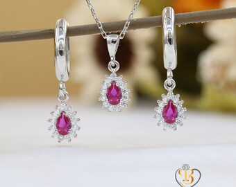 Robijnrode ketting Robijnrode oorbellen set Rode robijnrode peer ketting hoepeloorbellen set Robijn cadeau voor haar Gouden peer robijnrode ketting oorbellen