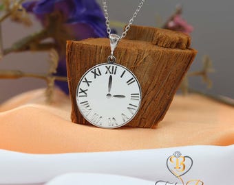 Clock Silver Necklace, Roman Numeral Clock Necklace, Personalized Clock Necklace, Valentine's Day Gift, Unisex Clock Necklace