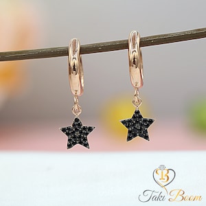 Black Stone Star Women Earrings 925 Sterling Silver Zircon14K Gold Plated