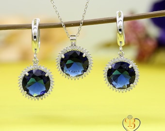 Sapphire Bridal Jewelry Set, Sapphire Earrings and Necklace, 11mm Blue Sapphire, Sterling Silver Jewelry, Wedding Jewelry for Women
