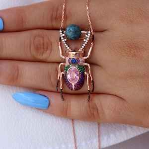 CZ Handmade Scarab Beetle Necklace in Sterling Silver – Ancient Egyptian Symbol Jewelry for Protection, Luck & Transformation