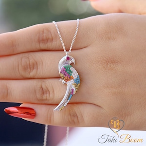 Tropical Bird Parrot Necklace – Unique Silver Parrot Necklace – Gift for Women – Rainbow Flashy Jewelry Gift - Bird Lover Gift
