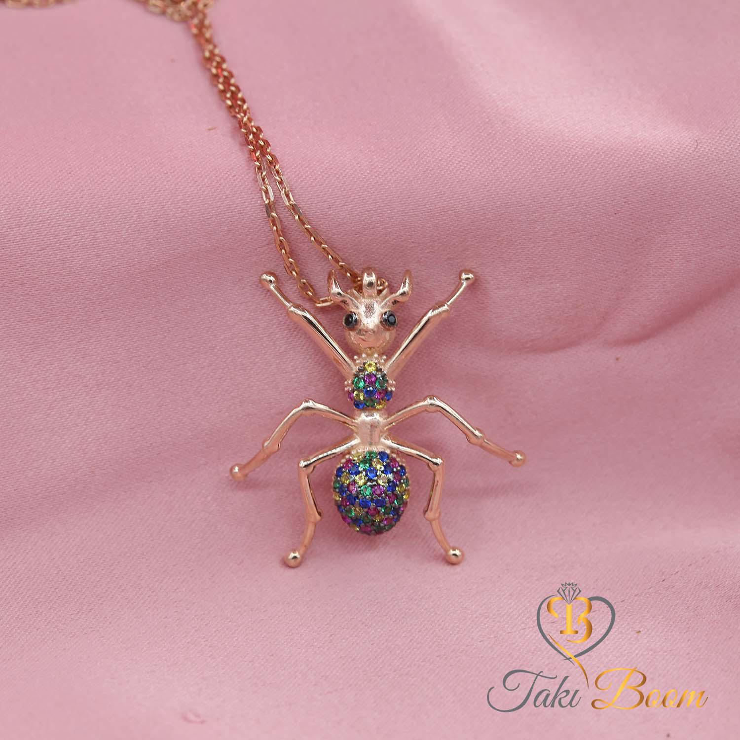 Mixed Stone Ant Necklace – Sterling Silver Bug Pendant With 