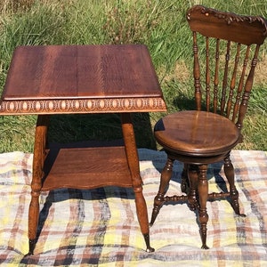 Antique Piano Chair & Tiger Oak Parlor Table And An Antique Wood Stool